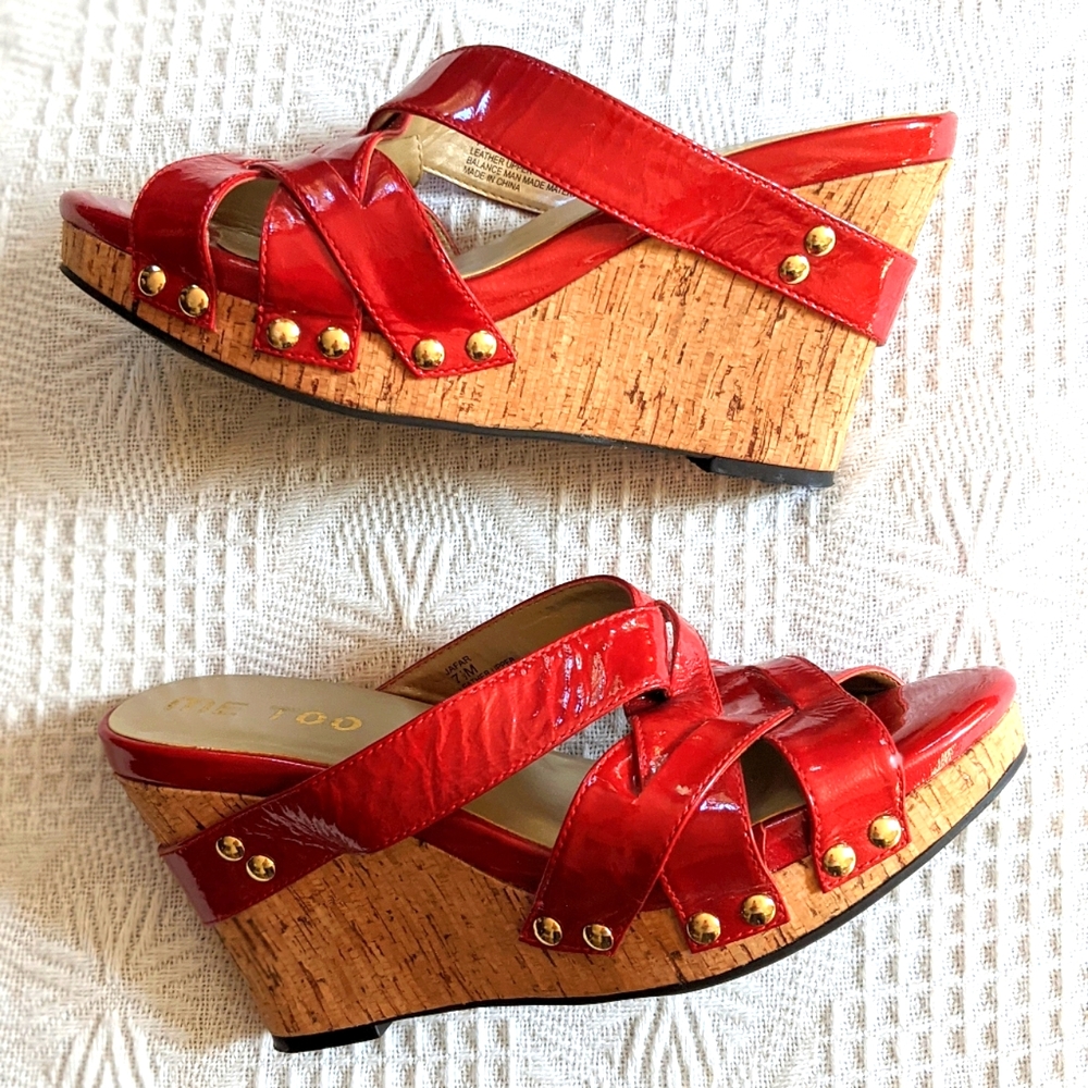 Me Too Candy Apple Red Strappy Cork Wedges